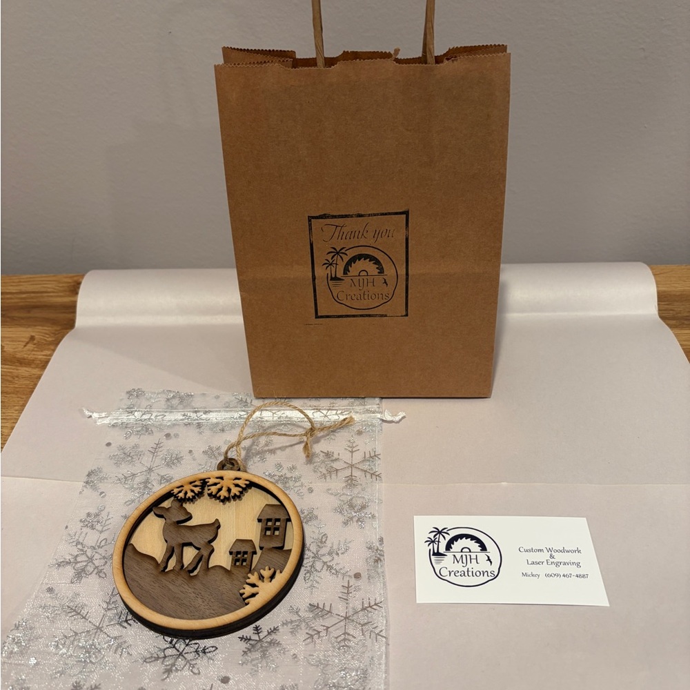 Reindeer/House (Dark) - Handmade Real Natural Wood Christmas Ornament